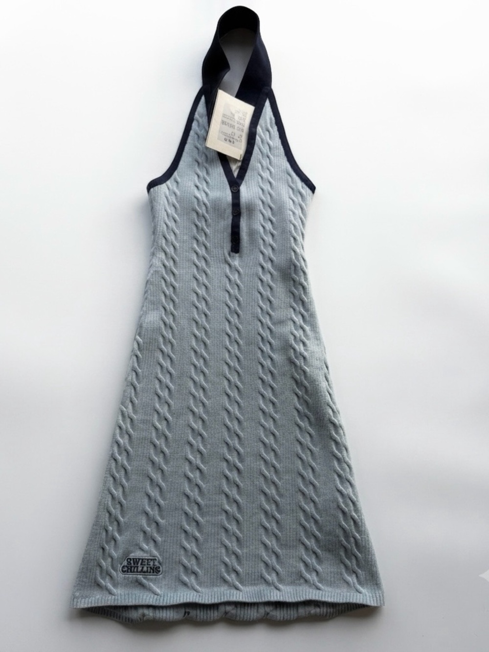 last kiss Light Blue Cable-Knit Halter Dress with Navy Trim SweetbChilling size